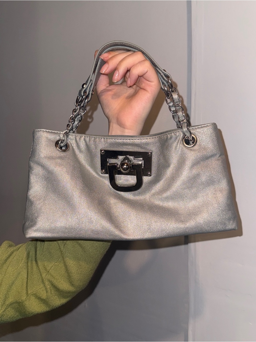 Silver Chain-Handle Shoulder Bag